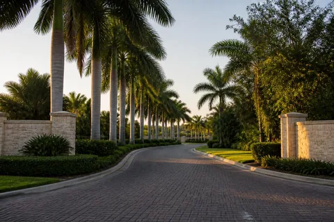 Palm-lined gated community entrance in Naples, Florida