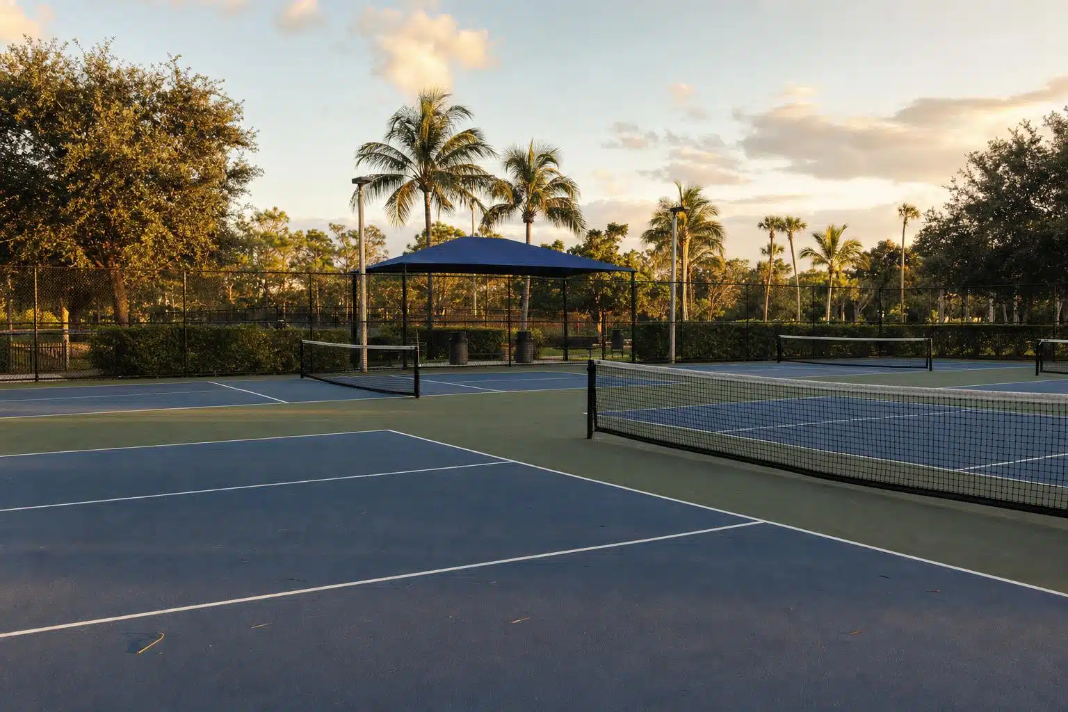 Empty outdoor pickleball courts at a Florida public park (representative scene)