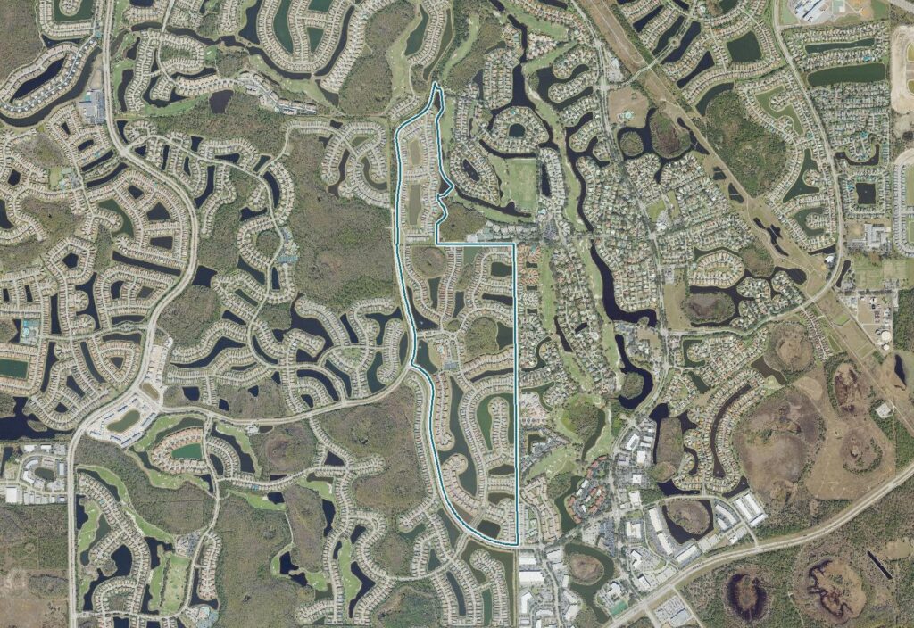 Aerial map of Arborwood Preserve with the community boundary