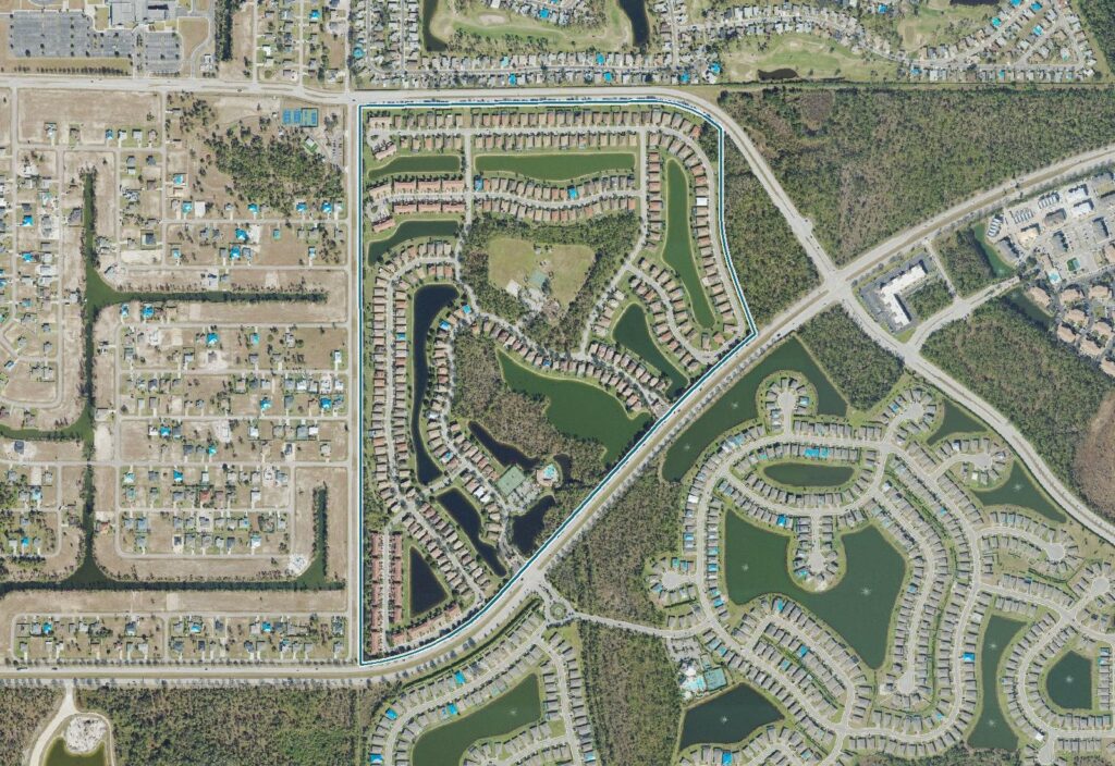 Aerial map of Bella Vida with the community boundary