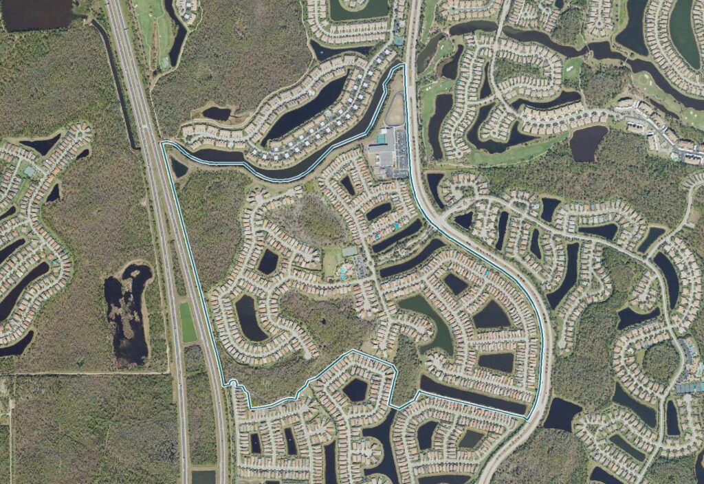 Aerial map of Botanica Lakes with the community boundary
