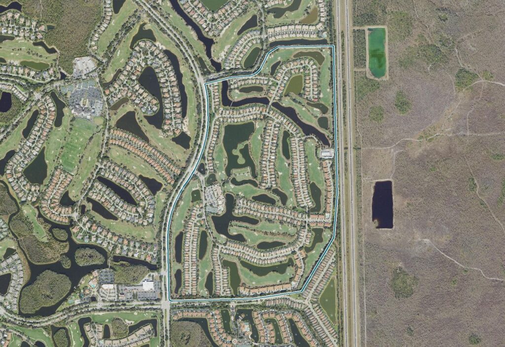 Aerial map of Copperleaf with the community boundary