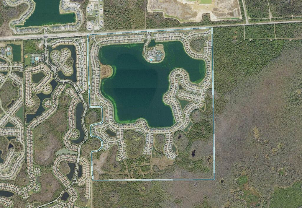 Aerial map of Corkscrew Shores with the community boundary
