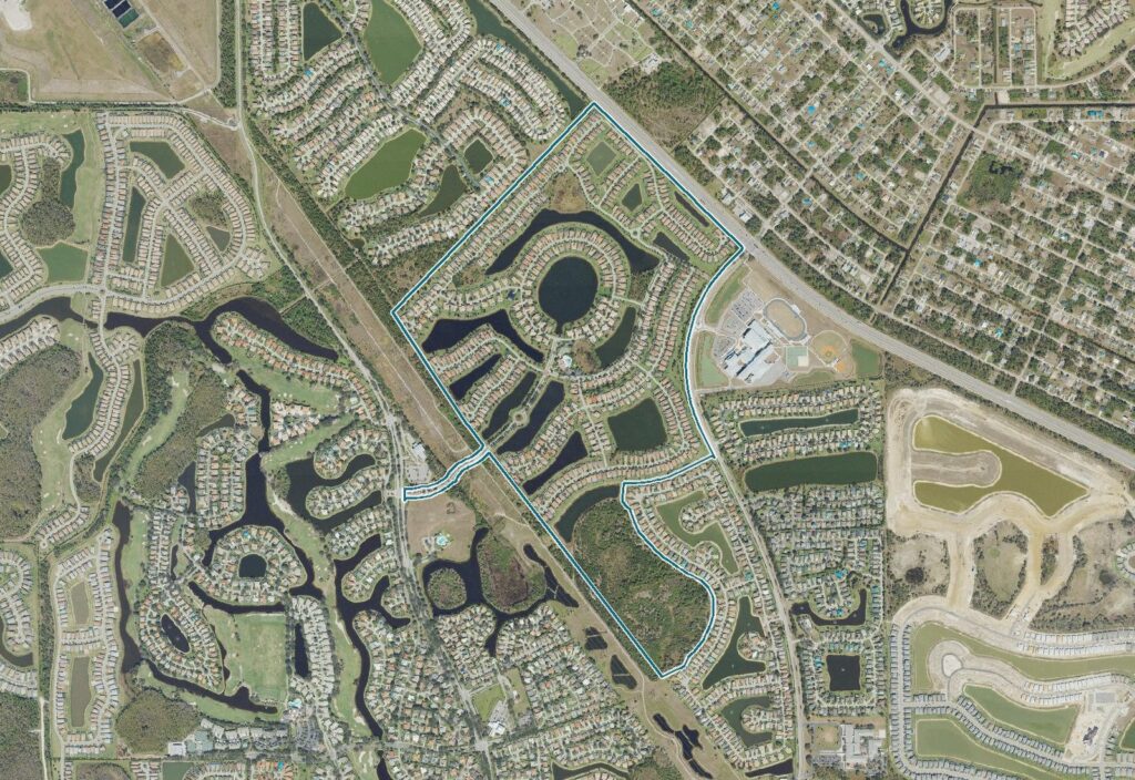 Aerial map of Hampton Park with the community boundary