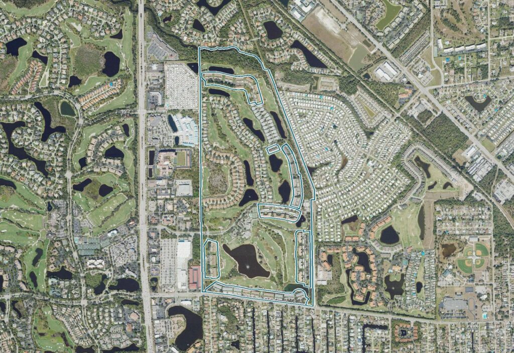 Aerial map of Highland Woods with the community boundary
