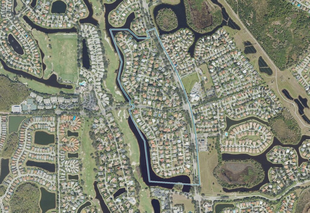 Aerial map of Mahogany Run with the community boundary