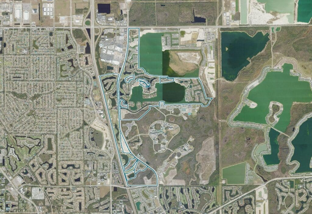 Aerial map of Miromar Lakes with the community boundary