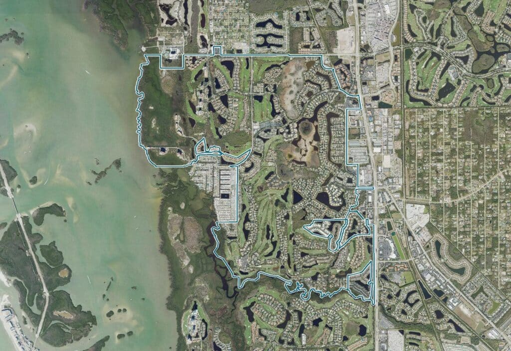 Aerial map of Pelican Landing with the community boundary