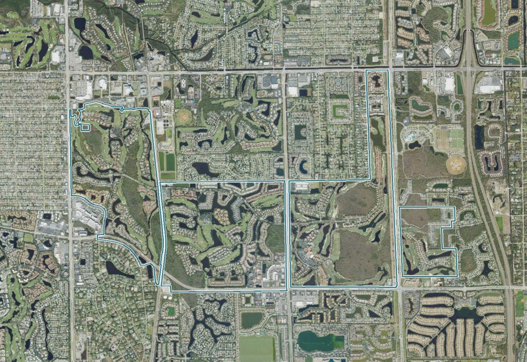 Aerial map of Pelican Marsh with the community boundary