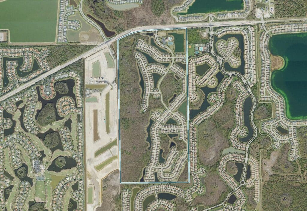 Aerial map of Preserve at Corkscrew with the community boundary