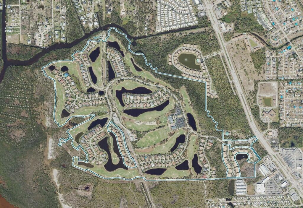 Aerial map of Shadow Wood Preserve with the community boundary