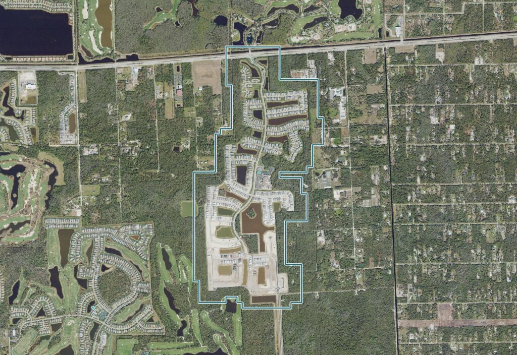 Aerial map of Valencia Trails with the community boundary